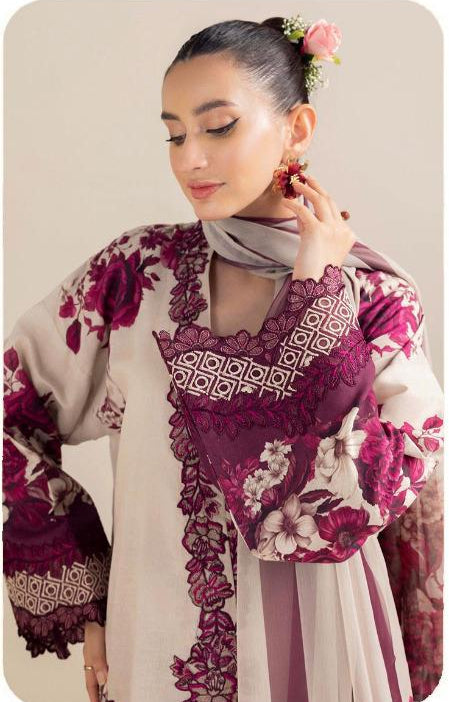 Summer Glow Embroidered Lawn 3-PCS Unstitched Suit With Chiffon Embroidered Mirza Collection