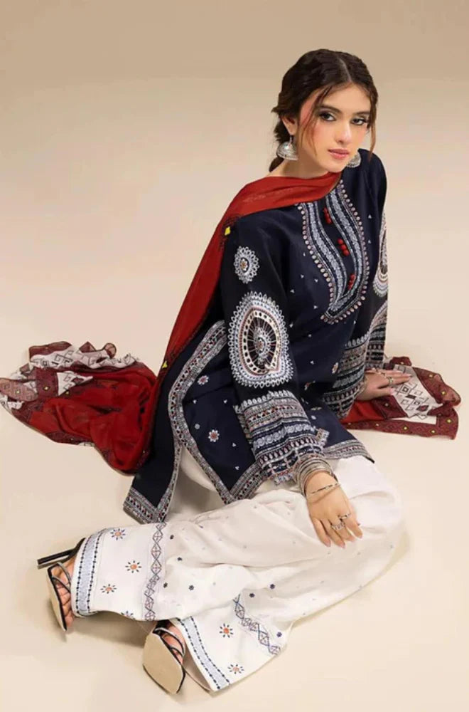 Jazmin| 3-PCS Unstitched Dhanak Embroidered Shirt with Digital Printed Shawl and Embroidered Trouser