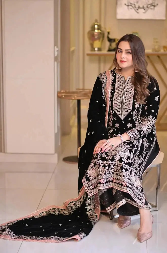 Velvet Elegance Winter Wear 3-PCS Unstitched Wedding Velvet Embroidered Mirza Collection