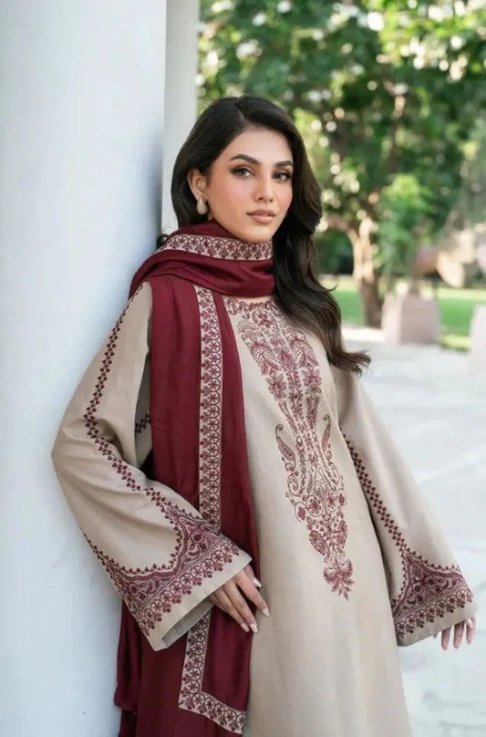 Winter Luxe Embroidered Collection 3-PCS Unstitched Dhanak Embroidered Shirt with Embroidered Dhanak Shawl and Trousers Mirza Collection