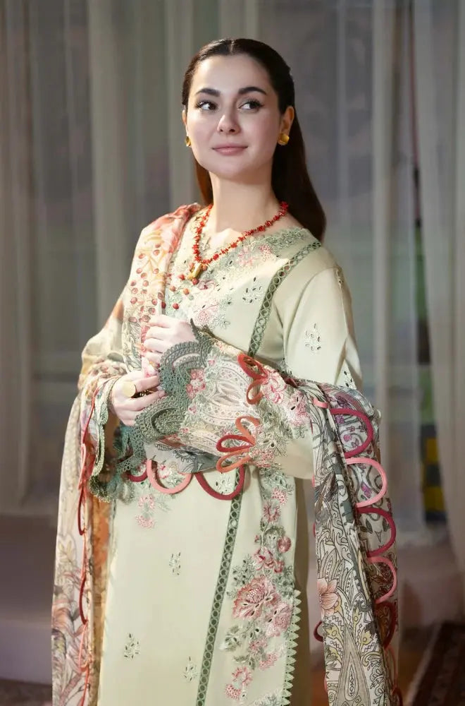 Cozy Luxury Winter Wear 3-Pcs Fully Embroidered Front With Digital Printed Khaddi Net With 4 Side Embroidered Lase Mirza Collection