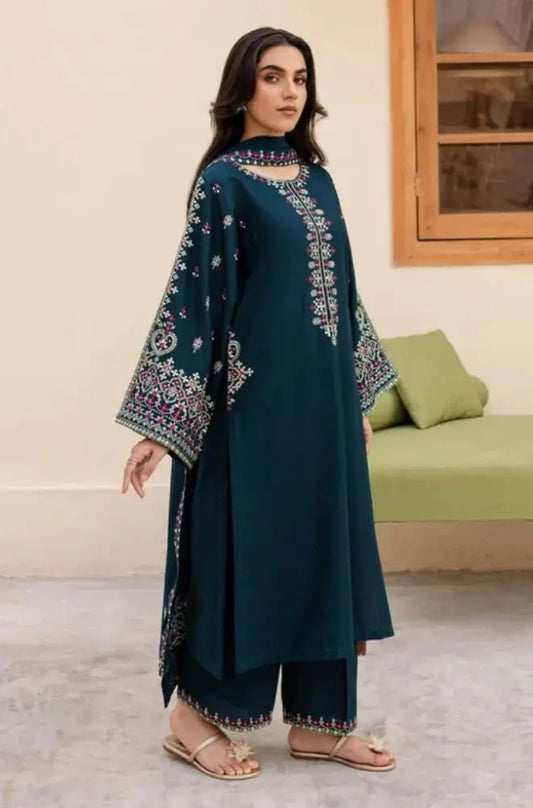 Winter Elegance Premium Suit 3-Pcs Unstitched Dhanak Embroidered Shirt with Dhanak Embroidered Dupatta and Trousers Mirza Collection