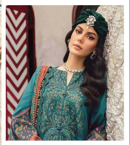 Printed Lawn Suit with Embroidered Neck Patch and Chiffon Dupatta 3 Piece Unstitched Mirza Collection