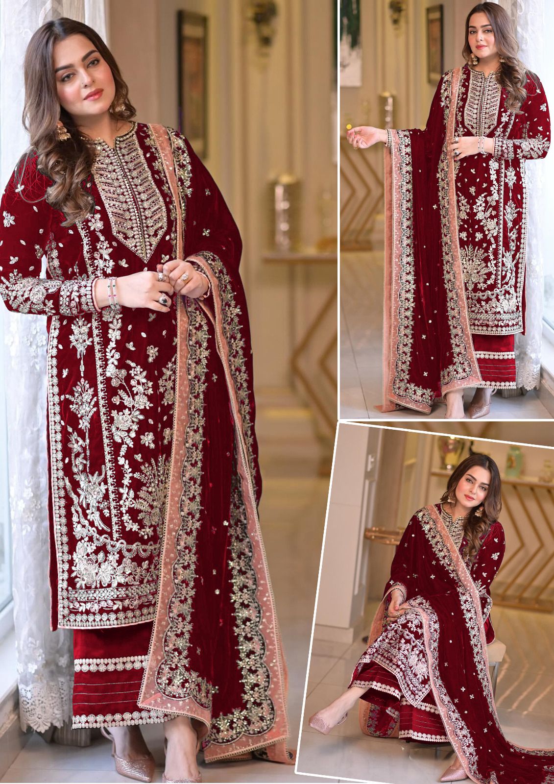 Premium Heavy Embellished Suit 3-PCS Unstitched Luxury Embroidered Silk With Chiffon Wedding Mirza Collection
