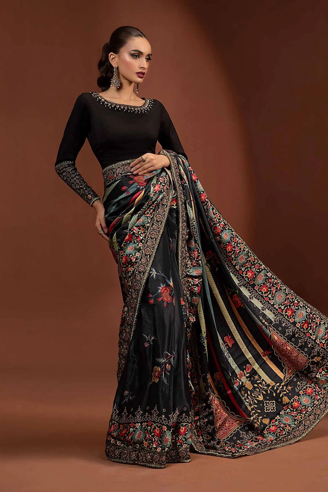 Top Rated Designer Saree 3-PCS Unstitched Silk With Raw Sleeves Mirza Collection