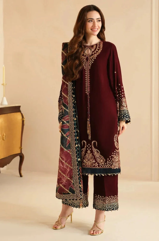 Jazmin | 3-PCS Front Full Embroidered On Velvet And Organza Printed Embroidered Dupatta