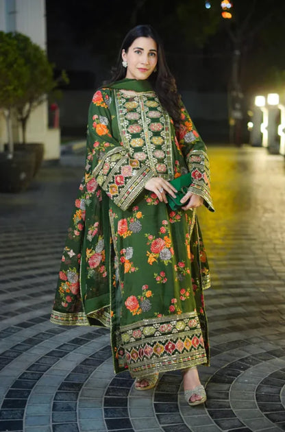 Aneela's | 3-PCS Unstitched Shamoz Silk Shirt With Digital Printed Silk Dupatta and Printed Shamoz Trouser