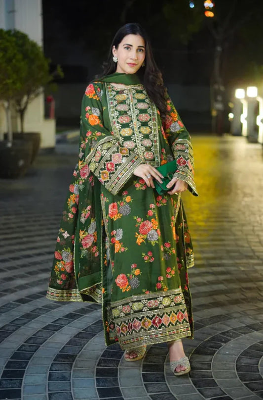 Aneela's | 3-PCS Unstitched Shamoz Silk Shirt With Digital Printed Silk Dupatta and Printed Shamoz Trouser
