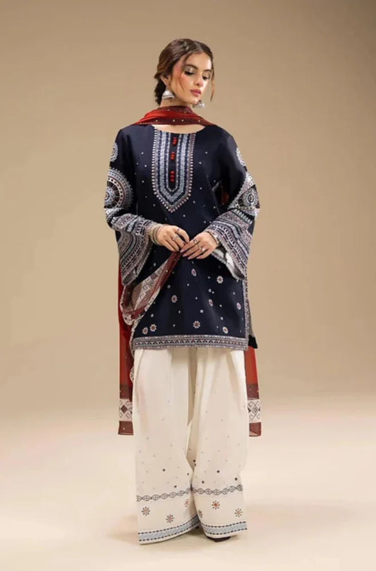 Jazmin| 3-PCS Unstitched Dhanak Embroidered Shirt with Digital Printed Shawl and Embroidered Trouser