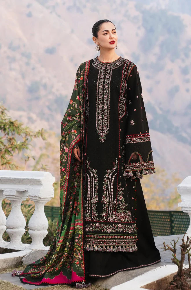 Hussain Rehar | 3-PCS Unstitched Dhanak Embroidered Shirt With Digital Printed Shawl and Embroidered Trouser
