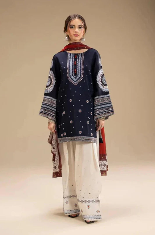 Jazmin| 3-PCS Unstitched Dhanak Embroidered Shirt with Digital Printed Shawl and Embroidered Trouser