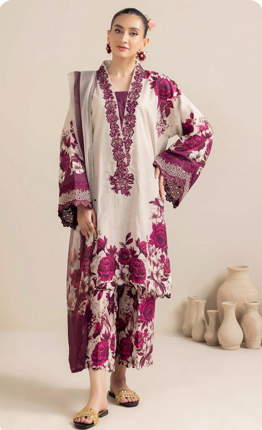 Summer Glow Embroidered Lawn 3-PCS Unstitched Suit With Chiffon Embroidered Mirza Collection