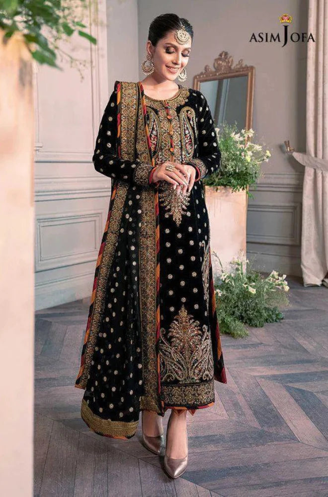 ASIM JOFA | 3-PCS Unstitched Velvet Embroidery Suit with Net Embroidery Dupatta and Stain Silk Trouser