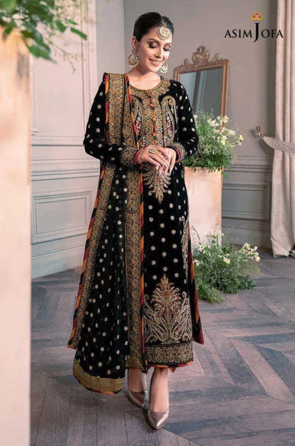 ASIM JOFA | 3-PCS Unstitched Velvet Embroidery Suit with Net Embroidery Dupatta and Stain Silk Trouser