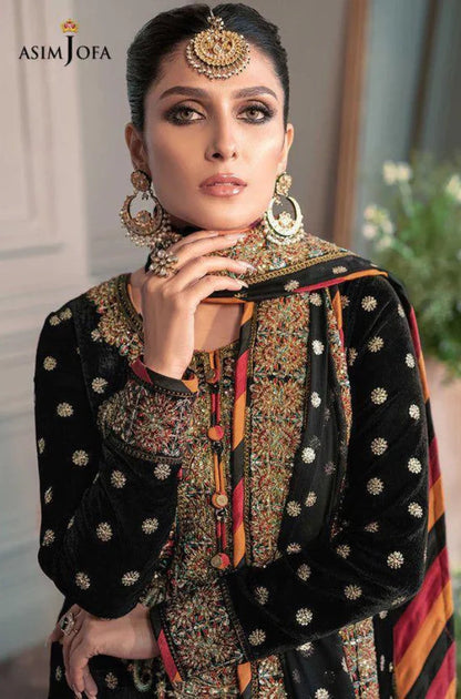 ASIM JOFA | 3-PCS Unstitched Velvet Embroidery Suit with Net Embroidery Dupatta and Stain Silk Trouser