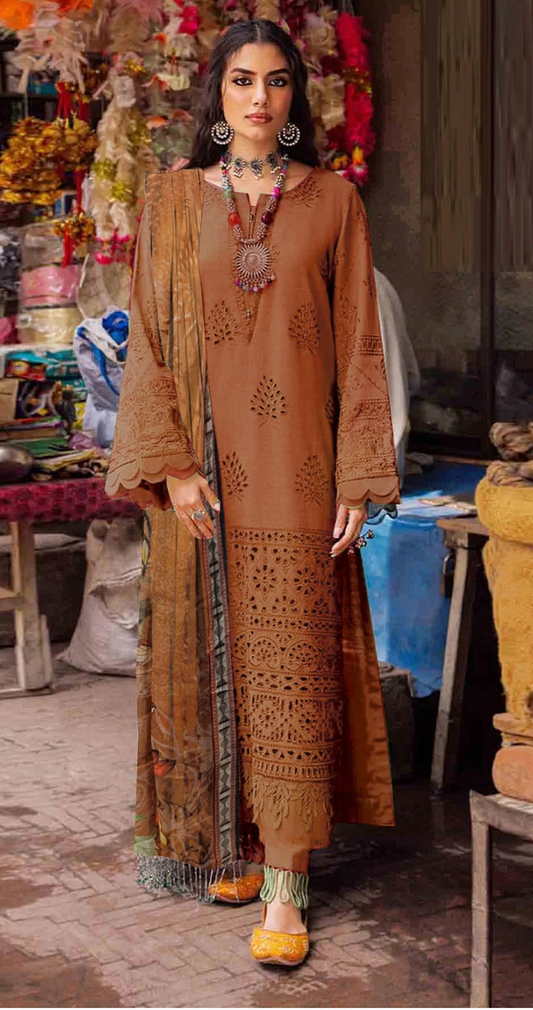 Summer Glow Embroidered Lawn 3-PCS Unstitched  Fancy Lawn Embroidery Cutwork With Chiffon Mirza Collection