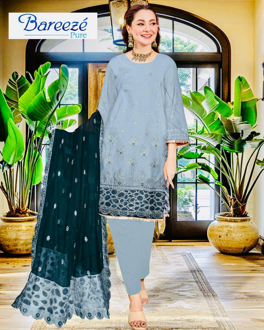 Breezy Luxury Summer Wear 3-PCS Unstitched Lawn Embroidery With Chiffon Dupatta Mirza Collection