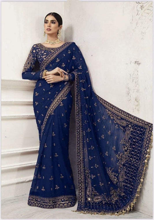 Party Glam Luxury Suit Unstitched Saree Wedding Eembroidery  With Silk Stone Hand Work Mirza Collection