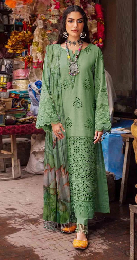 Summer Glow Embroidered Lawn 3-PCS Unstitched  Fancy Lawn Embroidery Cutwork With Chiffon Mirza Collection