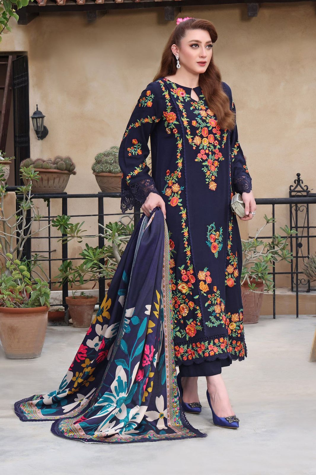 Premium Heavy Embellished Suit 3-PCS Unstitched Lawn Embroidered Shirt with Embroidered Cutwork Mirza Collection