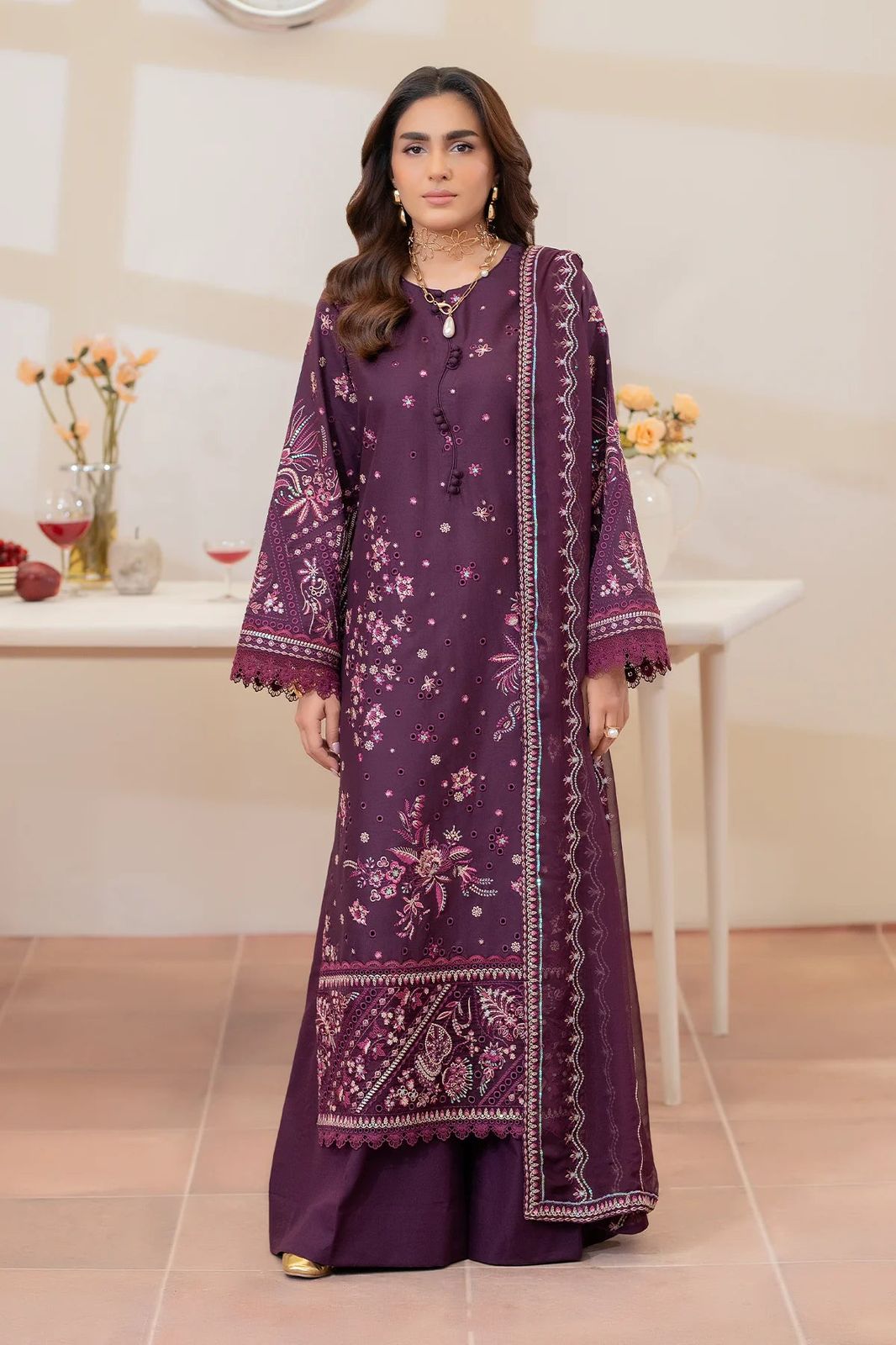 Summer Glow Embroidered Lawn 3-PCS Unstitched Embroidered Shirt with Embroidered & Printed Net Dupatta Mirza Collection