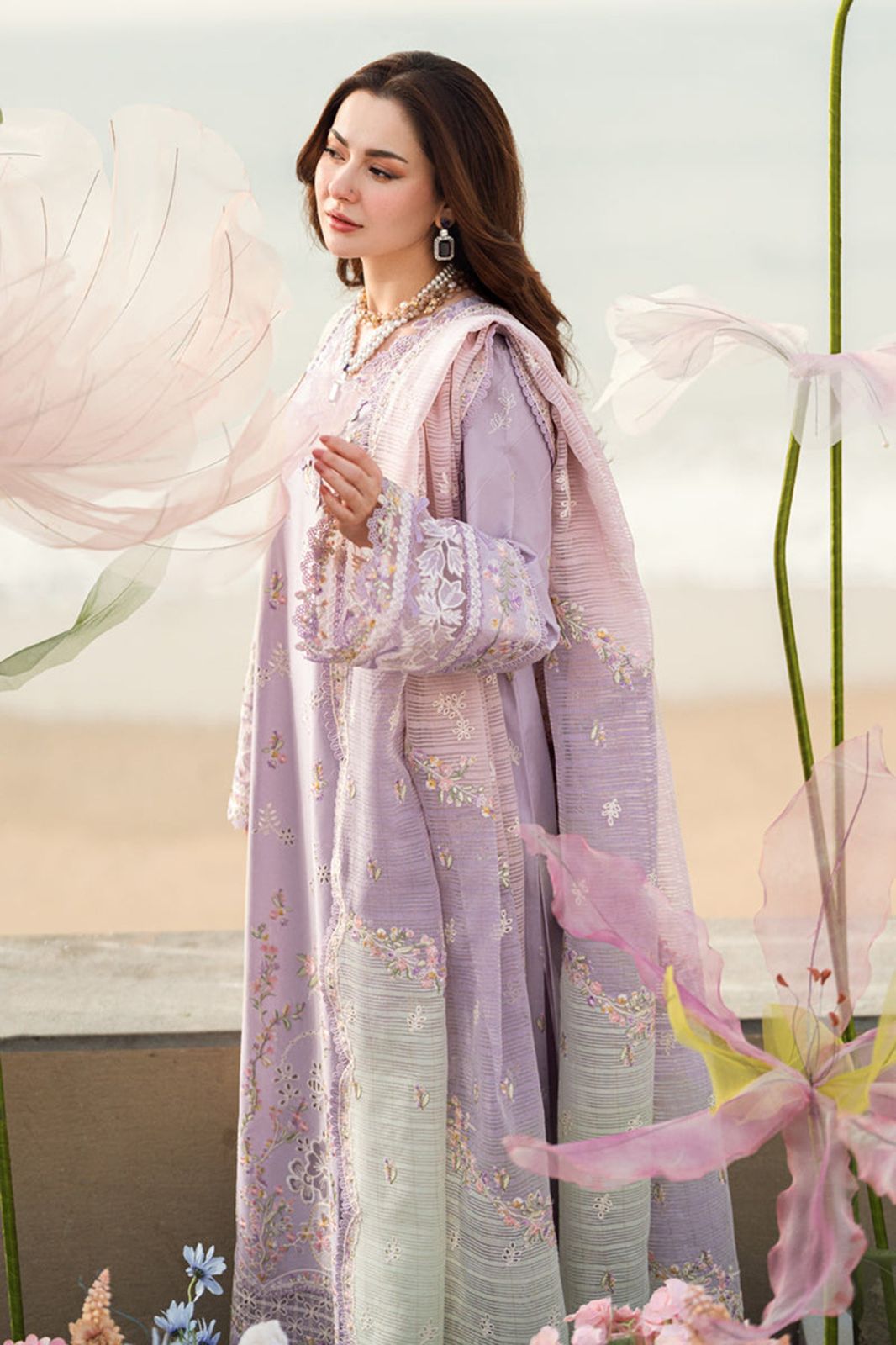 Premium Heavy Embellished Suit 3-PCS Unstitched Lawn Embroidered Shirt with Embroidered & Printed Net Dupatta Mirza Collection