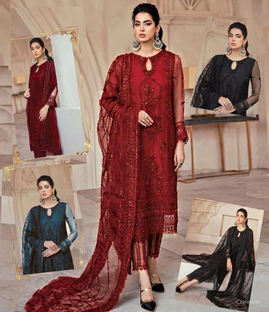 Wedding Vibes Party Wear 3-PCS Unstitched Premium Net Suit With Silk Trousers Mirza Collection