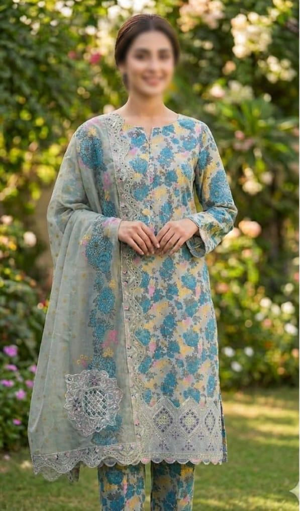 Premium Lawn Printed Suit with Chiffon Applique Dupatta 3 Piece Unstitched Mirza Collection