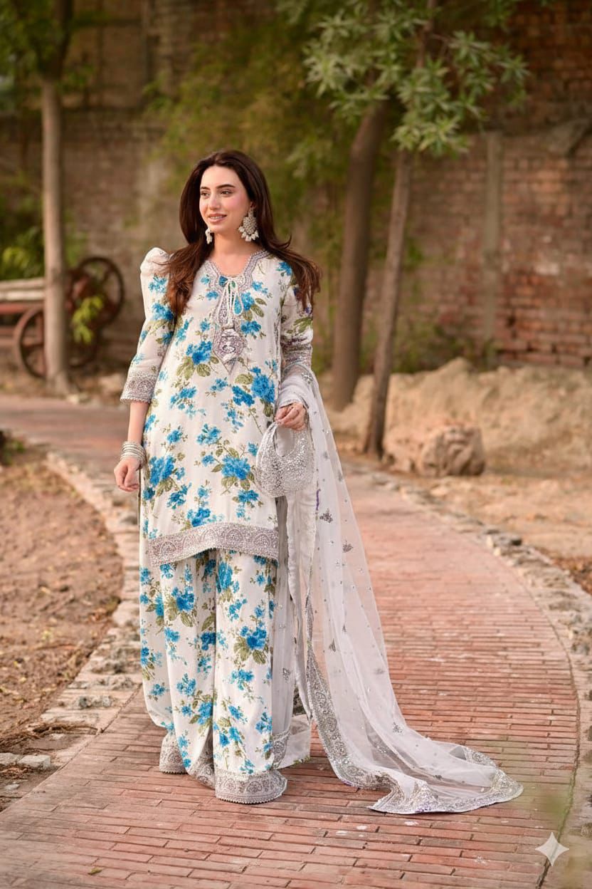 Lawn Collection 2026 Printed Lawn Suit with Heavy Sequin Embroidery 3 Piece Unstitched(2-Colur's) Mirza Collection