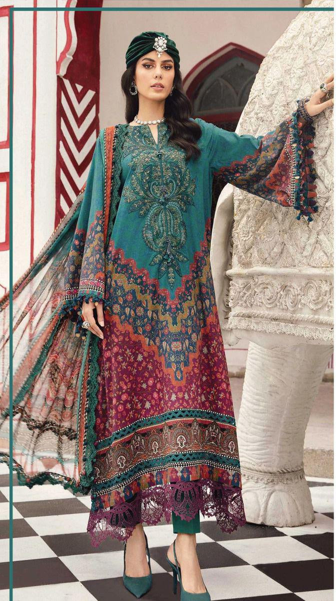 Printed Lawn Suit with Embroidered Neck Patch and Chiffon Dupatta 3 Piece Unstitched Mirza Collection