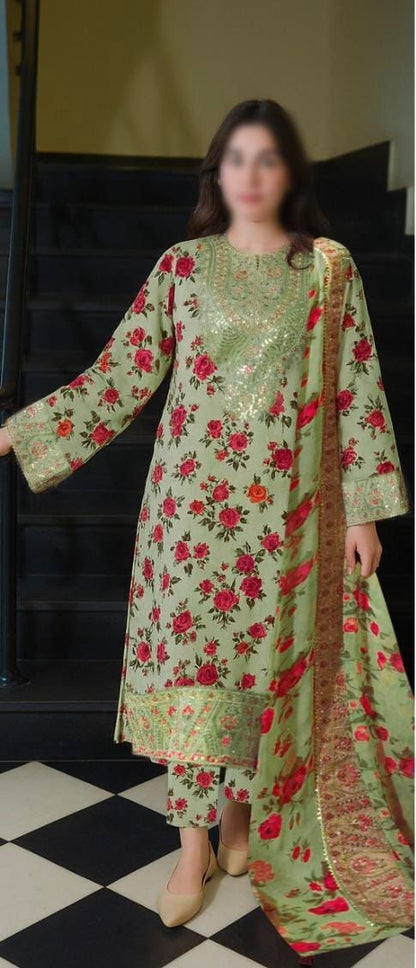 Lawn 3 Piece Unstitched Suit with Chiffon Applique Dupatta Premium 2026 Mirza Collection