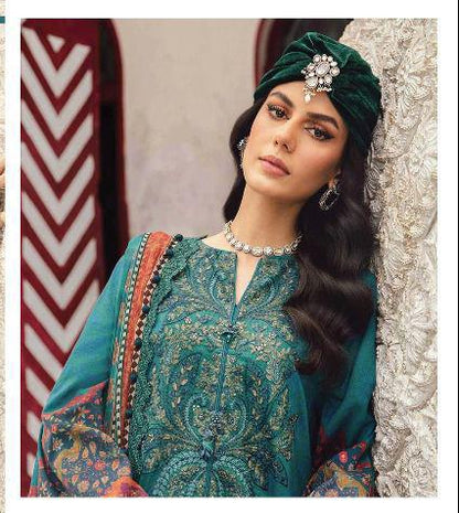 Printed Lawn Suit with Embroidered Neck Patch and Chiffon Dupatta 3 Piece Unstitched Mirza Collection