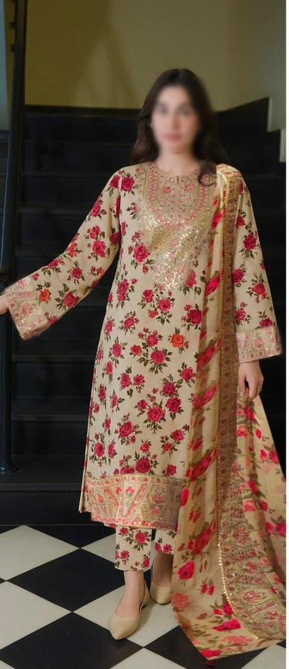 Lawn 3 Piece Unstitched Suit with Chiffon Applique Dupatta Premium 2026(2-Colour's) Mirza Collection